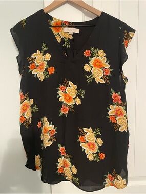 LOFT Black Floral V-Neck Flutter Sleeve Blouse
